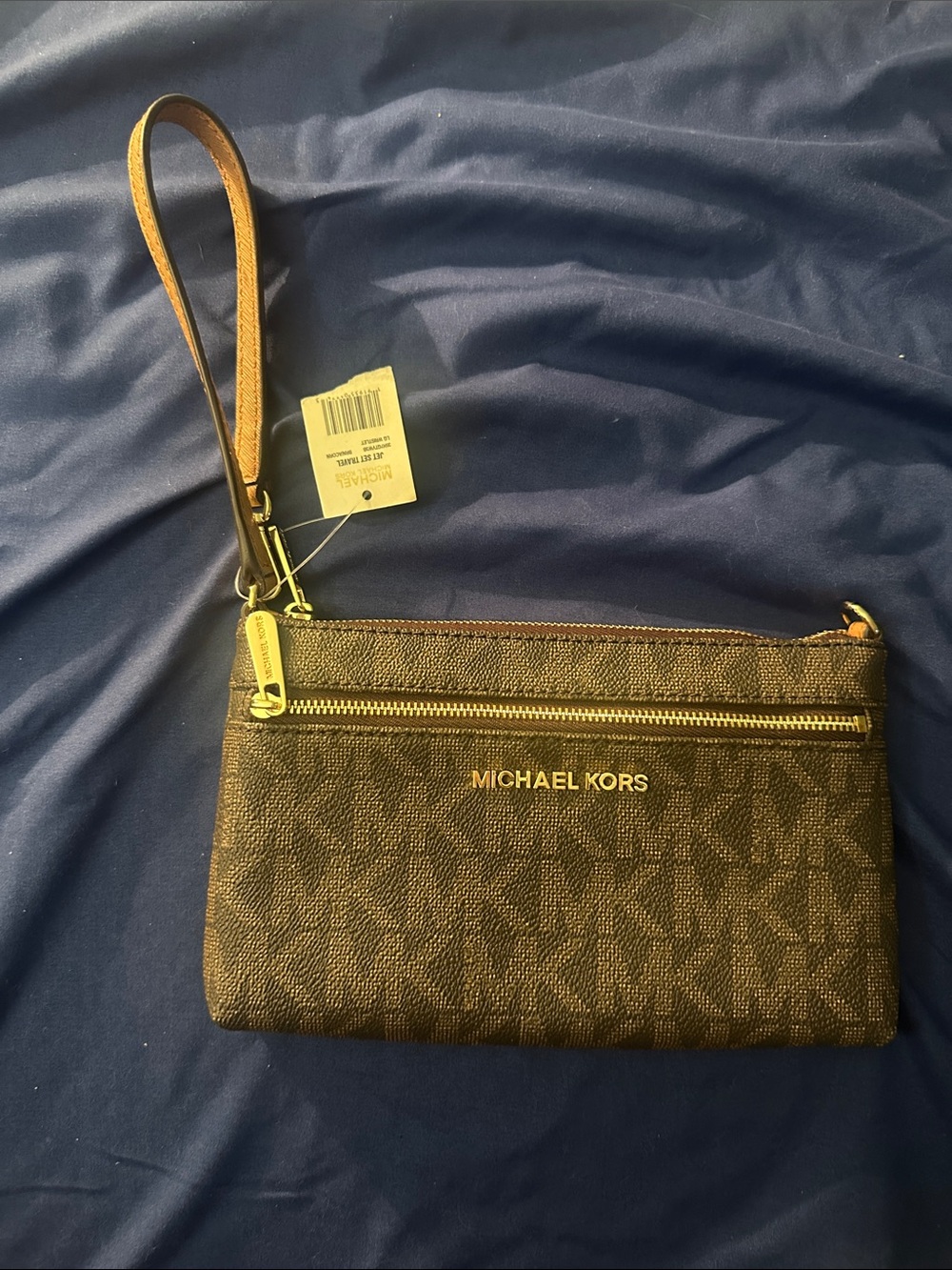NWT Michael Kors Brown Logo-Print Wristlet with Gold Hardware
